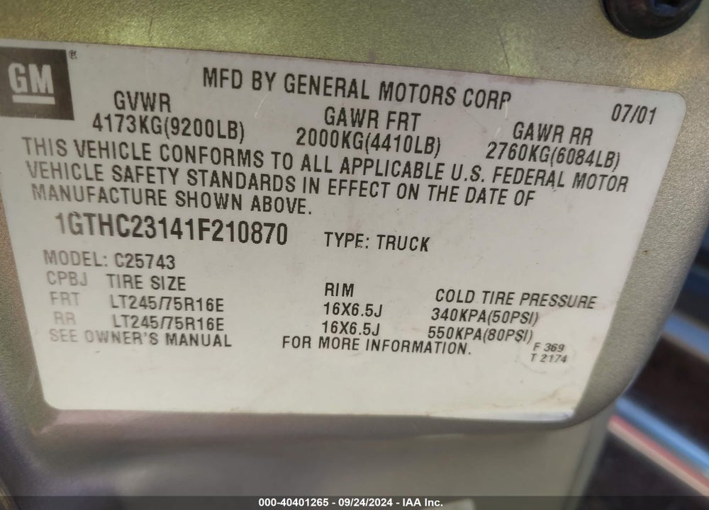 2001 GMC SIERRA 2500HD SLE VIN: 1GTHC23141F210870