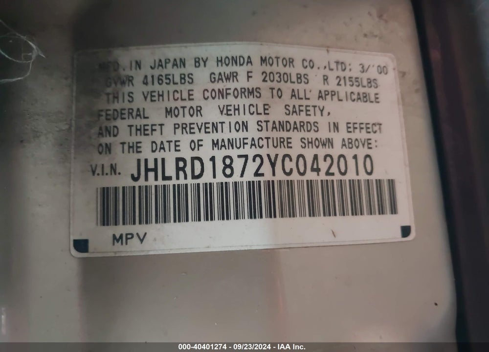 2000 HONDA CR-V SPECIAL EDITION VIN: JHLRD1872YC042010