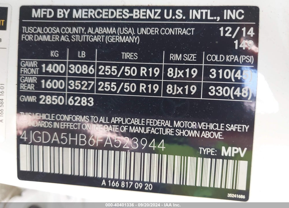 2015 MERCEDES-BENZ ML 350 4MATIC VIN: 4JGDA5HB6FA523944