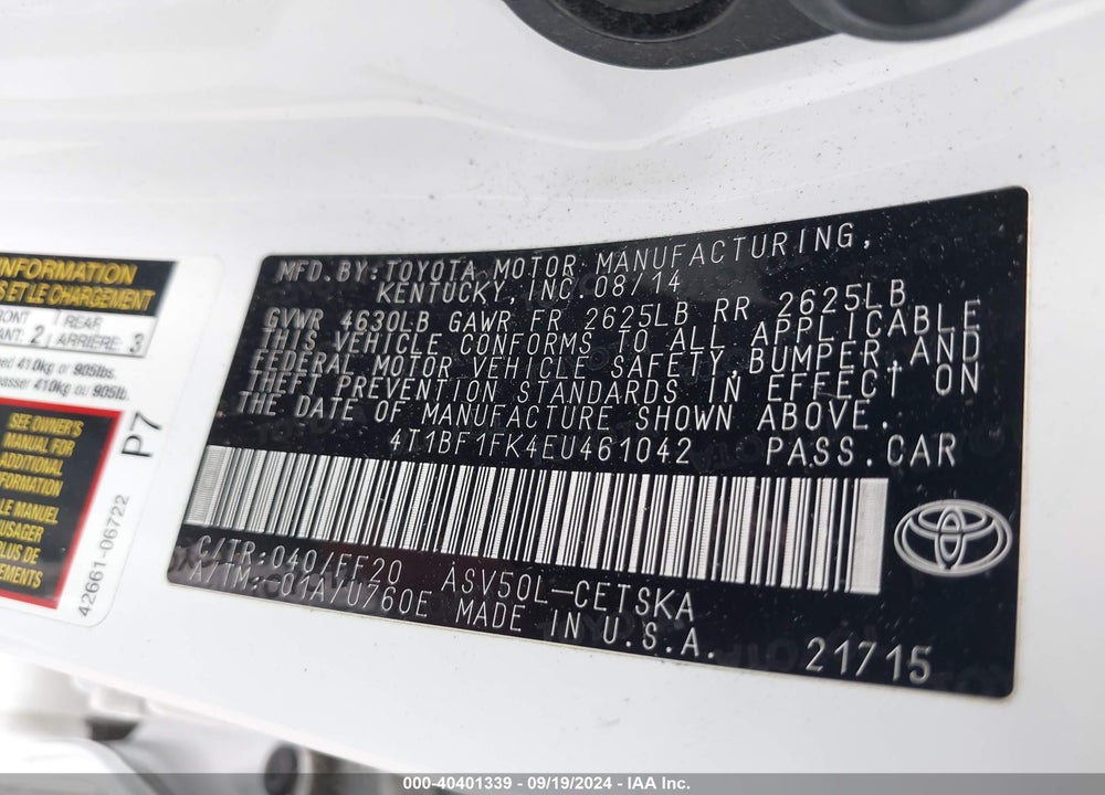 2014 TOYOTA CAMRY SE VIN: 4T1BF1FK4EU461042