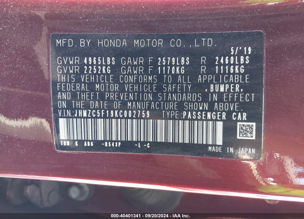 2019 HONDA CLARITY PLUG-IN HYBRID VIN: JHMZC5F19KC002759