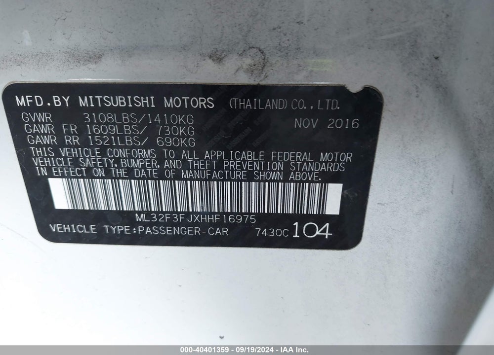 2017 MITSUBISHI MIRAGE G4 ES VIN: ML32F3FJXHHF16975