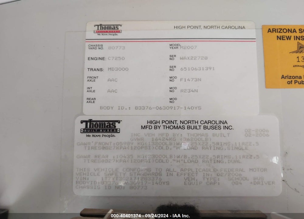 2007 THOMAS SCHOOL BUS VIN: 1T7YT3C2X71283376