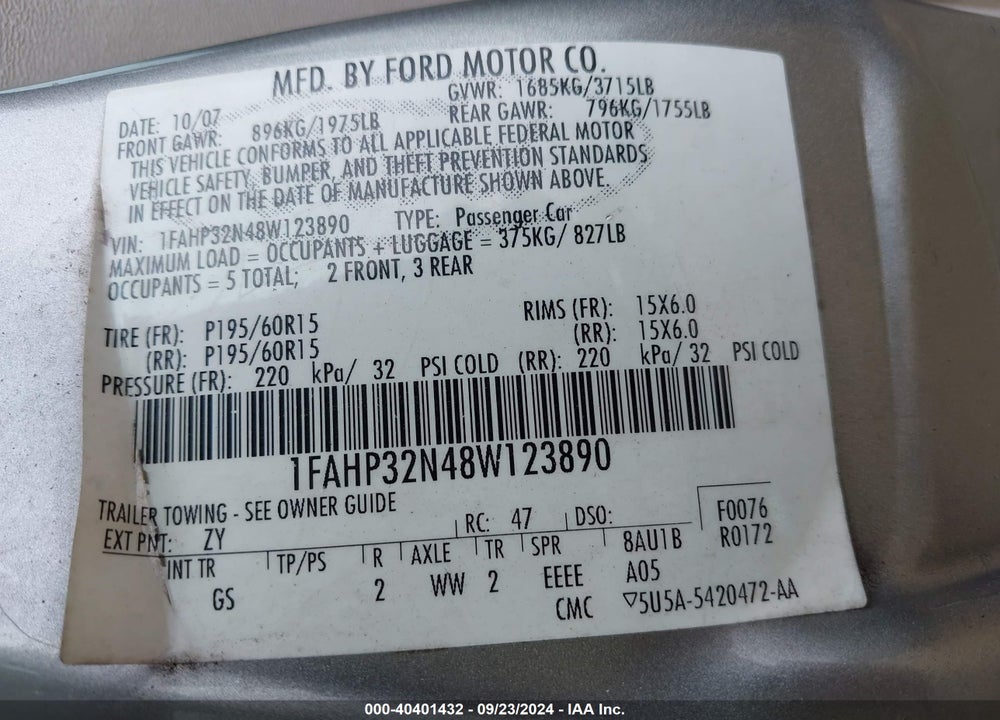 2008 FORD FOCUS S VIN: 1FAHP32N48W123890