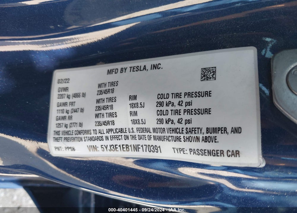 2022 TESLA MODEL 3 LONG RANGE DUAL MOTOR ALL-WHEEL DRIVE VIN: 5YJ3E1EB1NF170391