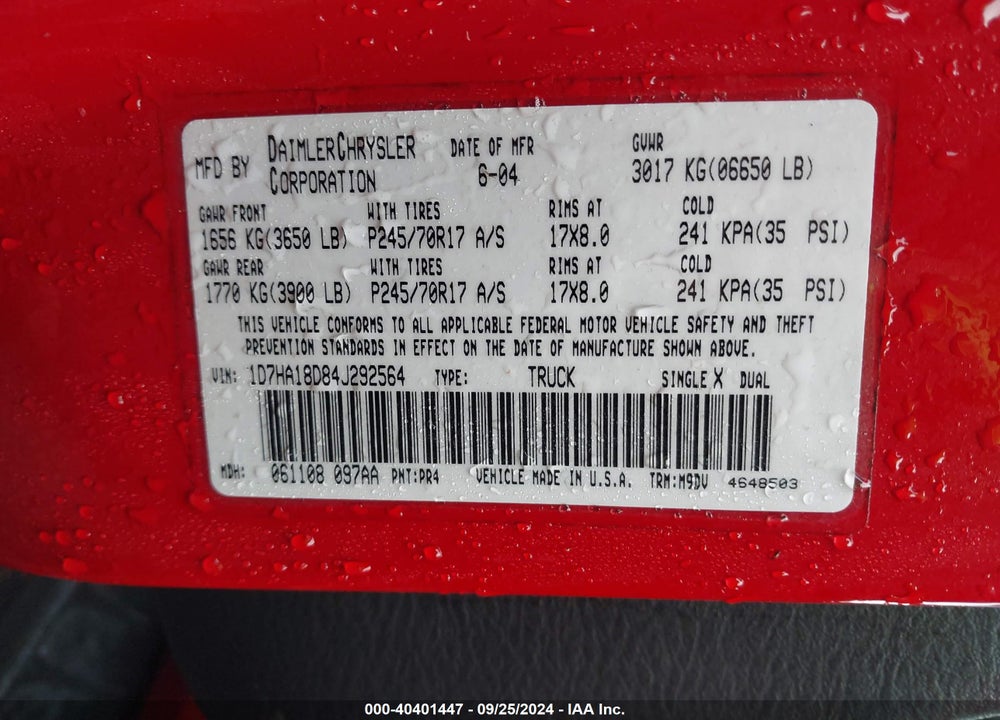 2004 DODGE RAM 1500 SLT/LARAMIE VIN: 1D7HA18D84J292564