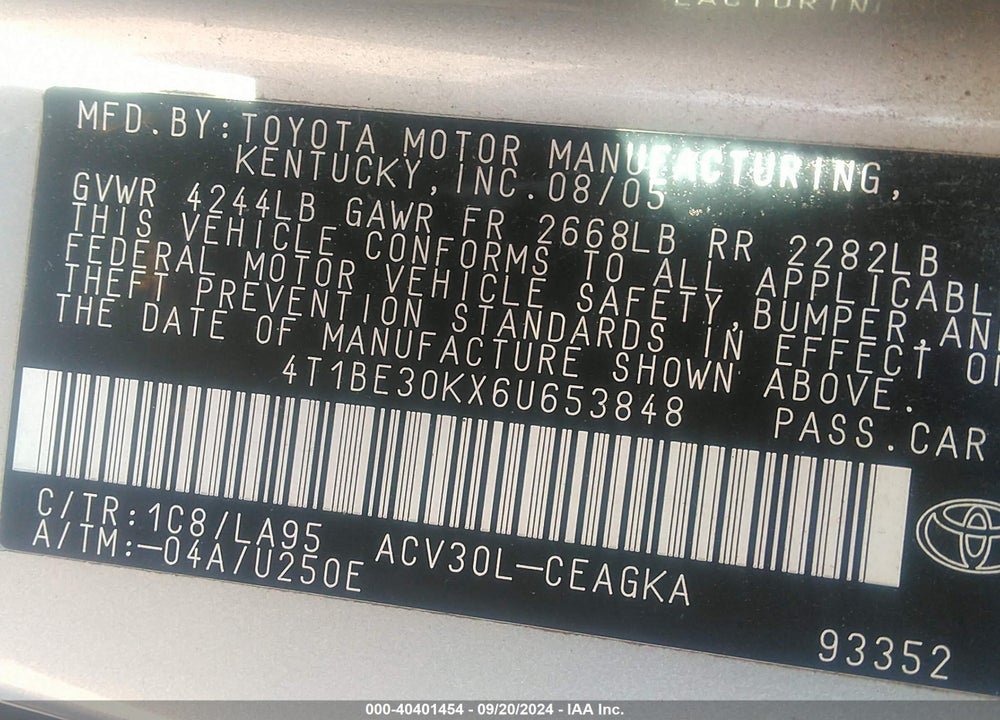 2006 TOYOTA CAMRY VIN: 4T1BE30KX6U653848