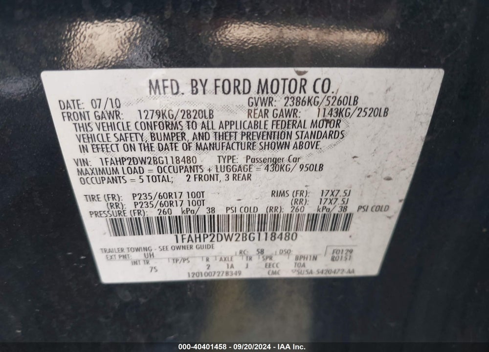 2011 FORD TAURUS SE VIN: 1FAHP2DW2BG118480