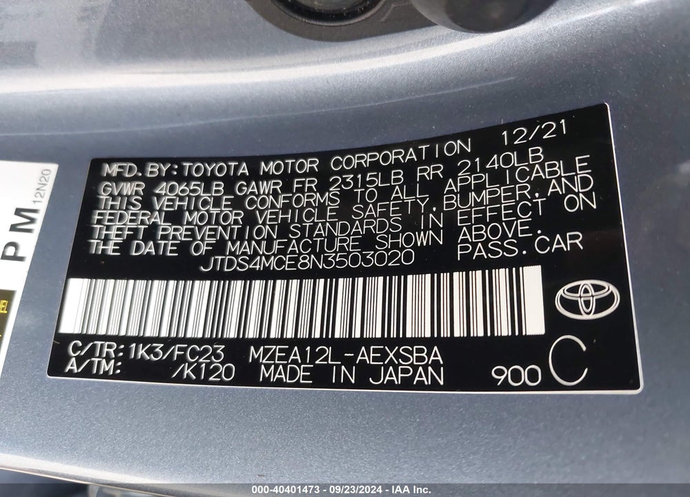 2022 TOYOTA COROLLA SE VIN: JTDS4MCE8N3503020