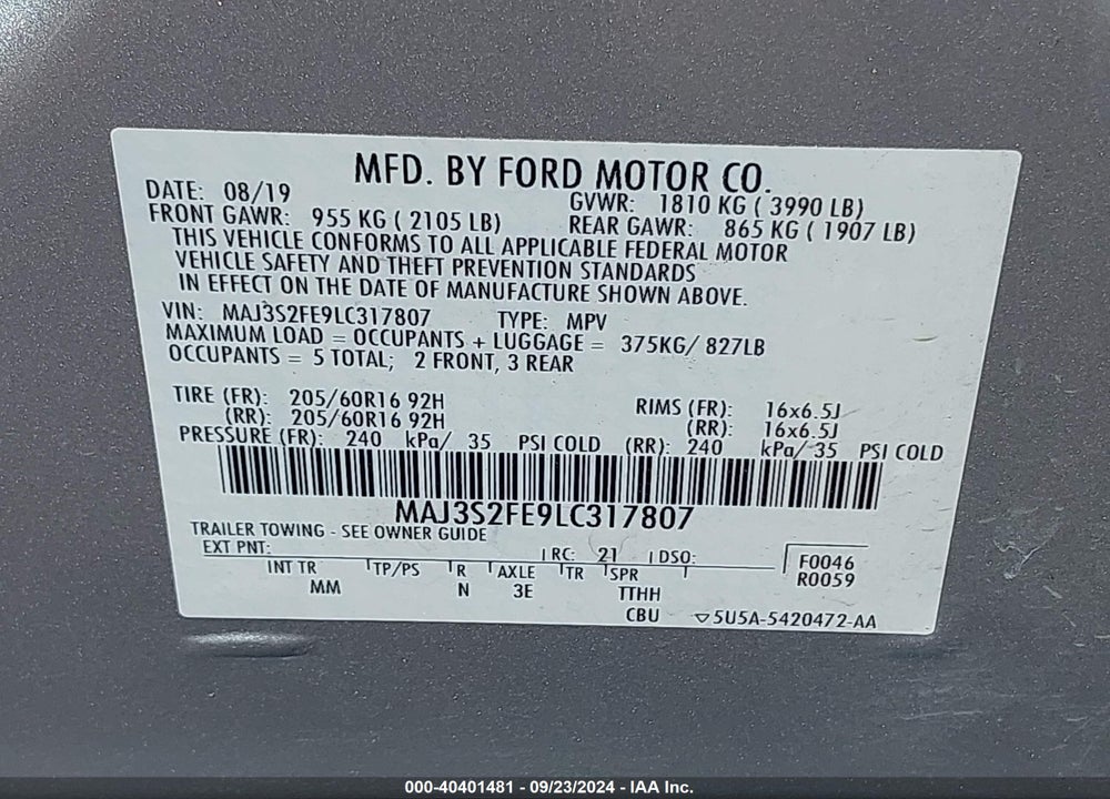 2020 FORD ECOSPORT S VIN: MAJ3S2FE9LC317807