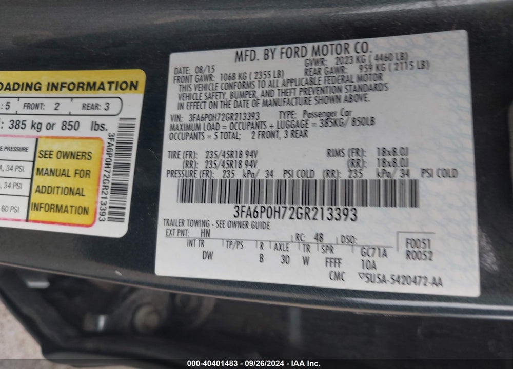 2016 FORD FUSION SE VIN: 3FA6P0H72GR213393