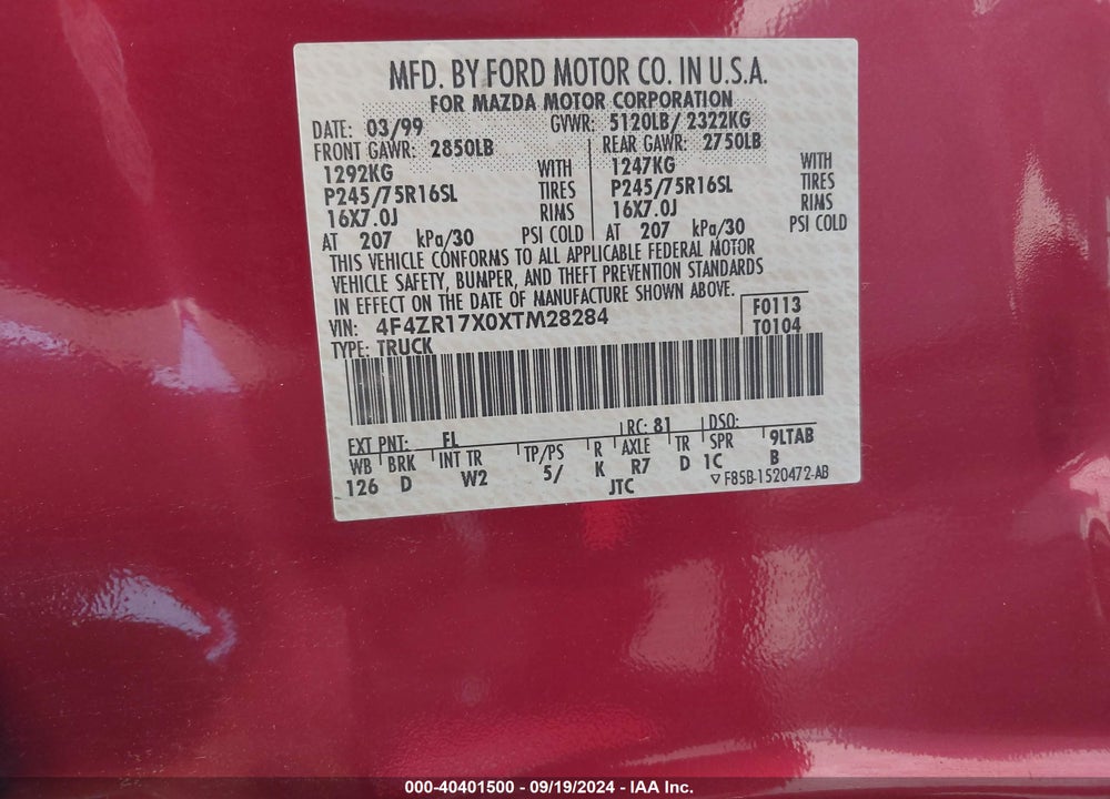 1999 MAZDA B4000 SE/TL VIN: 4F4ZR17X0XTM28284