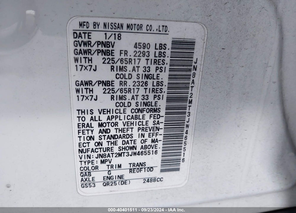 2018 NISSAN ROGUE SV VIN: JN8AT2MT3JW465516
