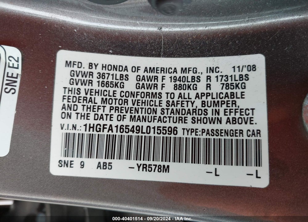 2009 HONDA CIVIC LX VIN: 1HGFA16549L015596