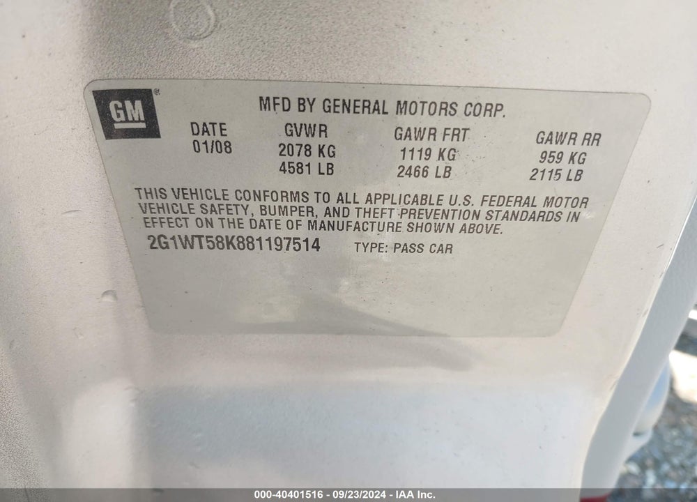2008 CHEVROLET IMPALA LT VIN: 2G1WT58K881197514