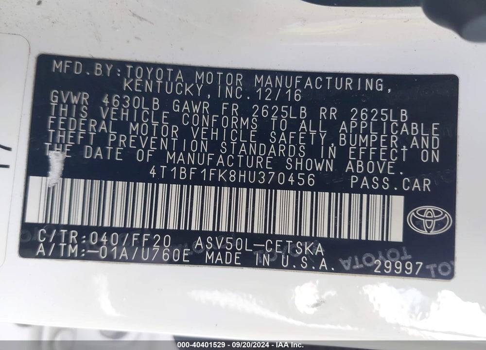 2017 TOYOTA CAMRY SE VIN: 4T1BF1FK8HU370456