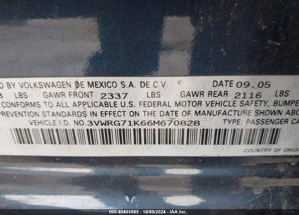 2006 VOLKSWAGEN JETTA VIN: 3VWRG71K66M670828