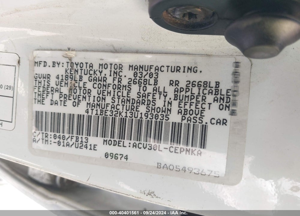 2003 TOYOTA CAMRY LE VIN: 4T1BE32K13U193035