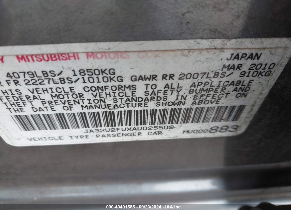 2010 MITSUBISHI LANCER ES VIN: JA32U2FUXAU025502