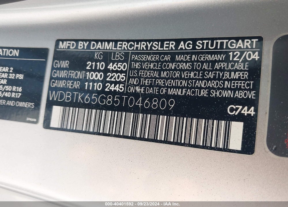 2005 MERCEDES-BENZ CLK 320 VIN: WDBTK65G85T046809
