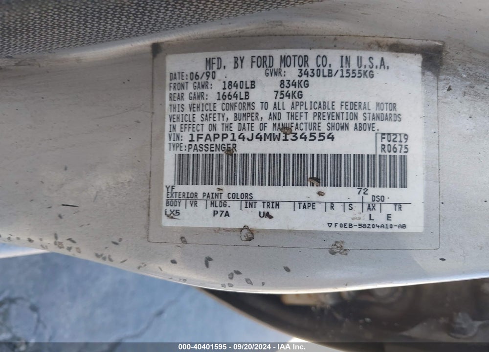 1991 FORD ESCORT LX VIN: 1FAPP14J4MW134554