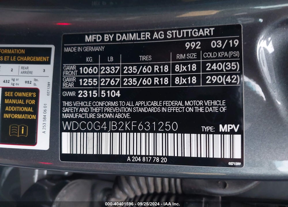2019 MERCEDES-BENZ GLC 300 VIN: WDC0G4JB2KF631250