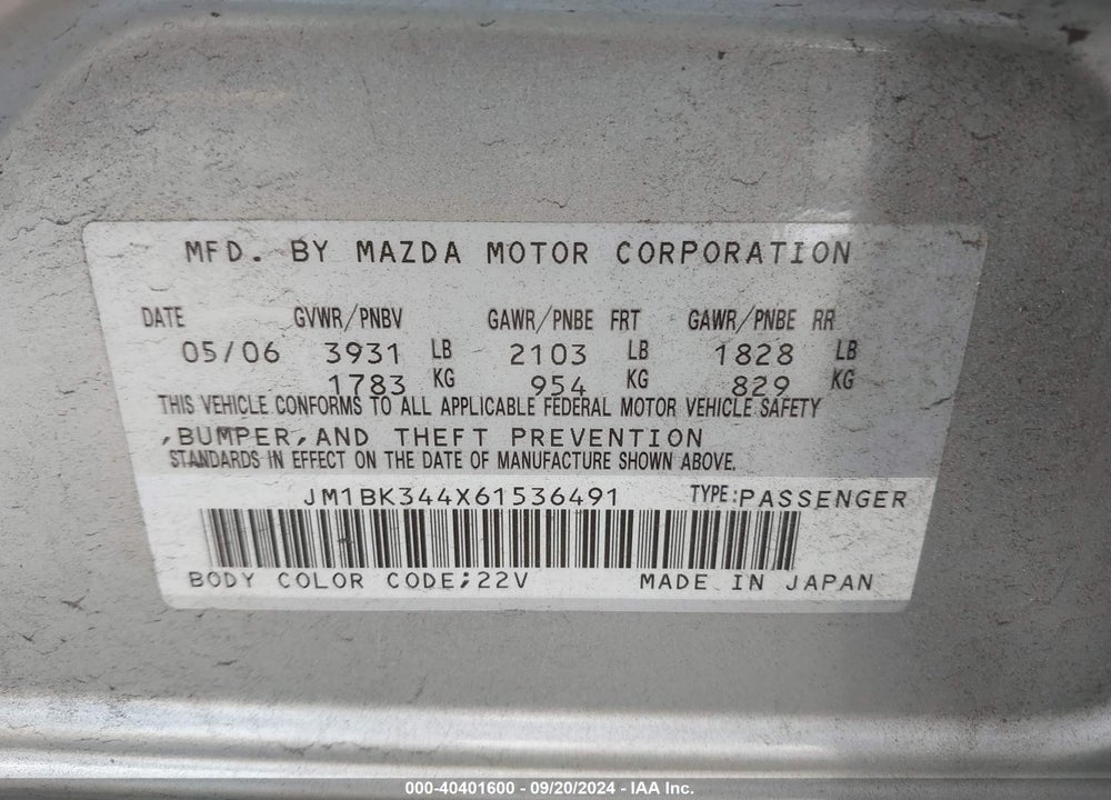 2006 MAZDA 3 S TOURING VIN: JM1BK344X61536491