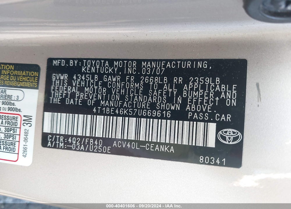2007 TOYOTA CAMRY LE VIN: 4T1BE46K57U669616