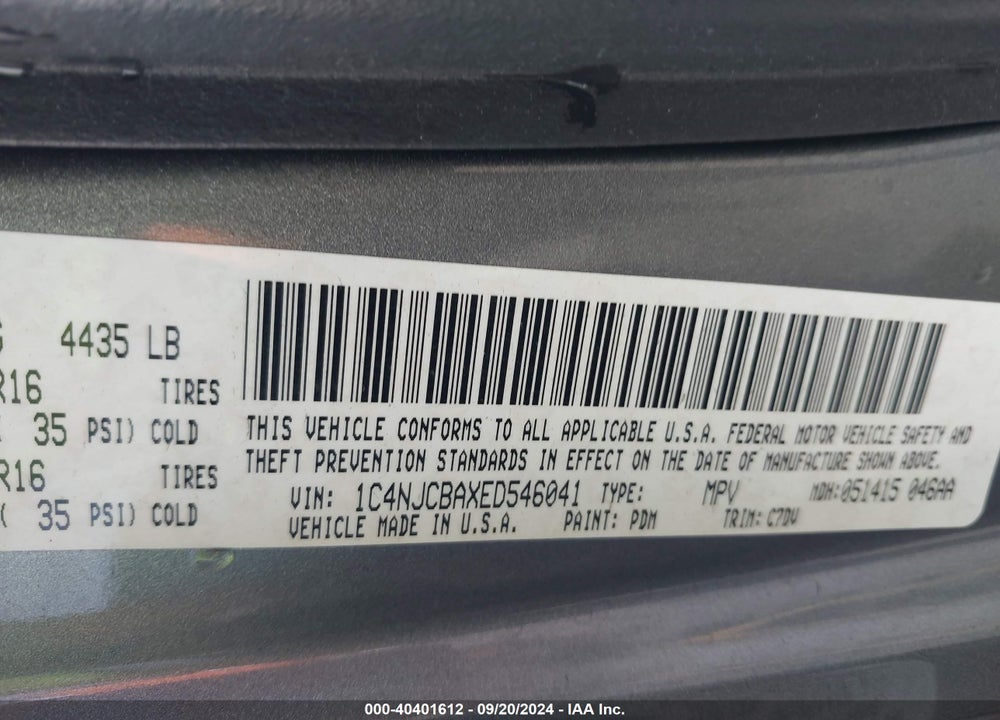 2014 JEEP COMPASS SPORT VIN: 1C4NJCBAXED546041