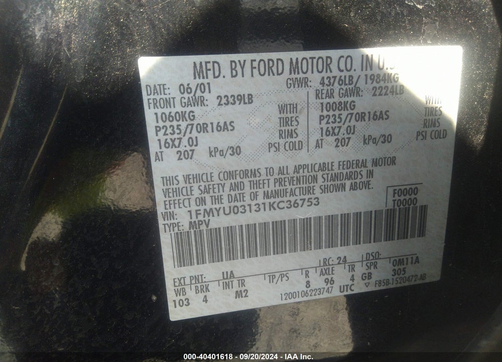 2001 FORD ESCAPE XLT VIN: 1FMYU03131KC36753