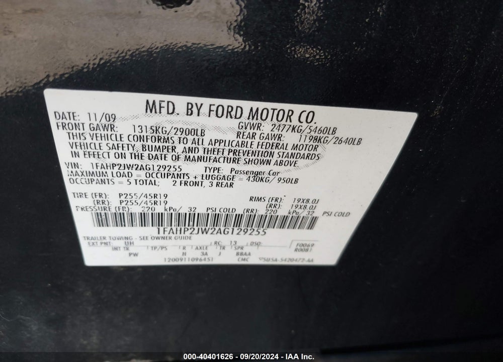 2010 FORD TAURUS LIMITED VIN: 1FAHP2JW2AG129255