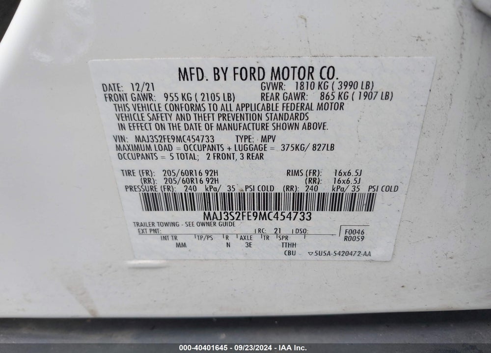 2021 FORD ECOSPORT S VIN: MAJ3S2FE9MC454733
