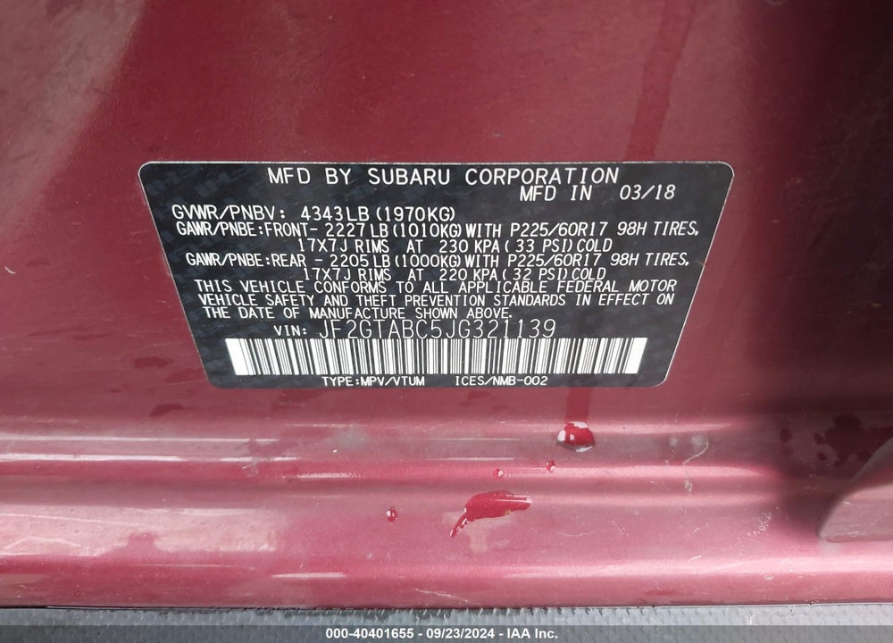 2018 SUBARU CROSSTREK 2.0I PREMIUM VIN: JF2GTABC5JG321139