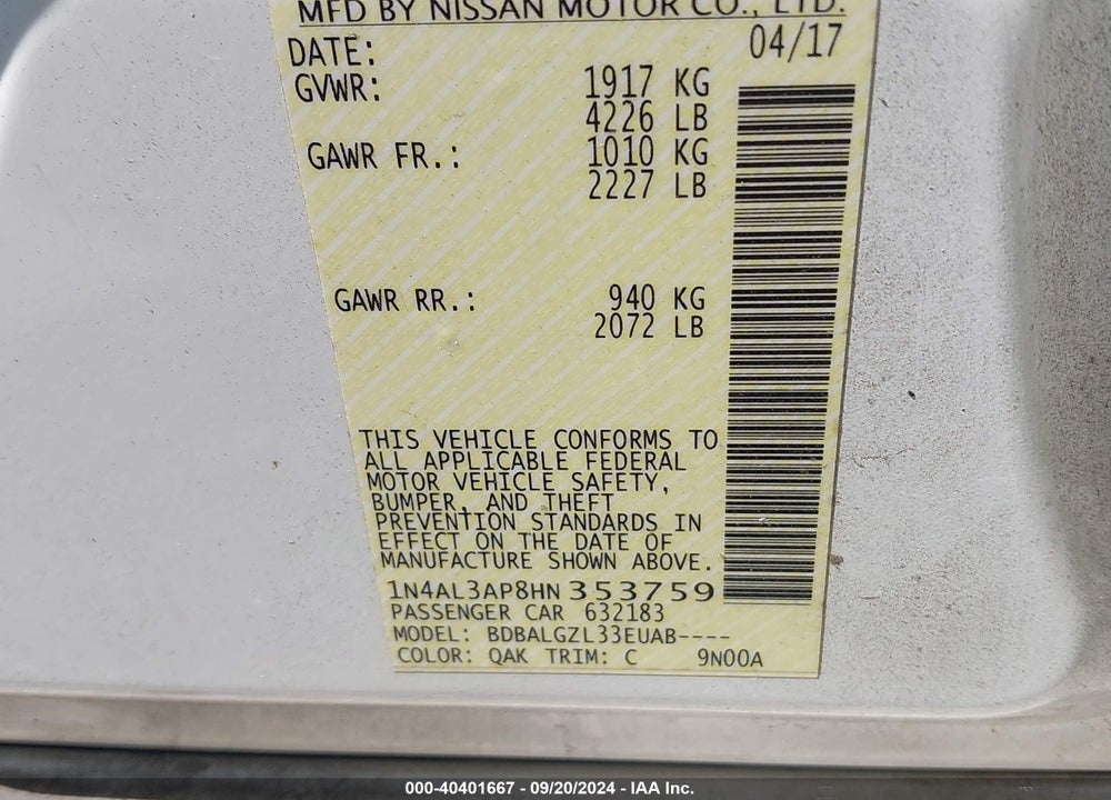 2017 NISSAN ALTIMA VIN: 1N4AL3AP8HN353759