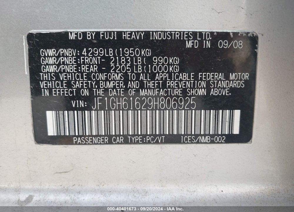 2009 SUBARU IMPREZA 2.5I VIN: JF1GH61629H806925