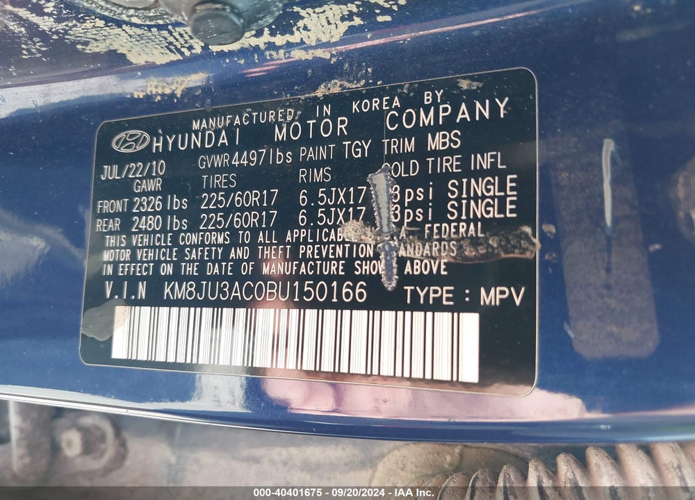 2011 HYUNDAI TUCSON GLS VIN: KM8JU3AC0BU150166