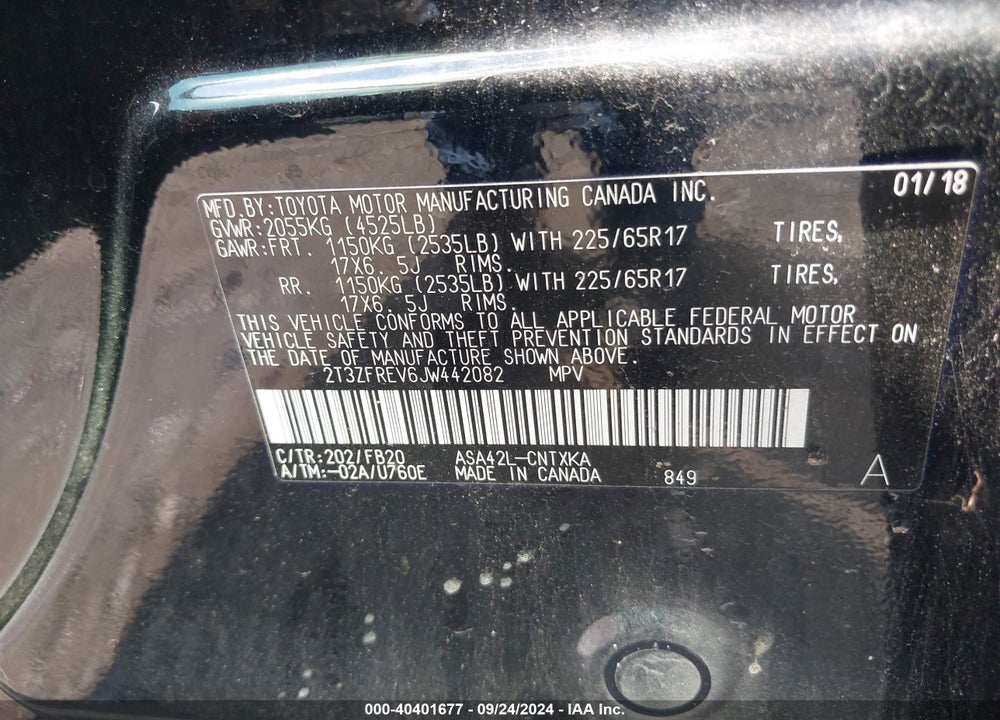 2018 TOYOTA RAV4 VIN: 2T3ZFREV6JW442082
