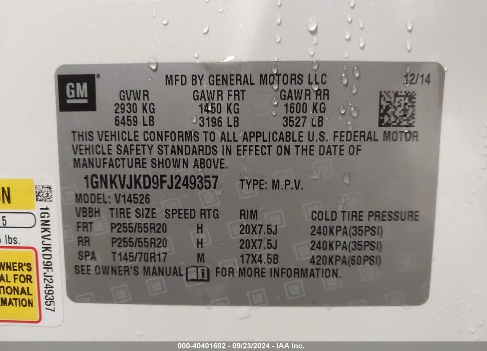 2015 CHEVROLET TRAVERSE LTZ VIN: 1GNKVJKD9FJ249357