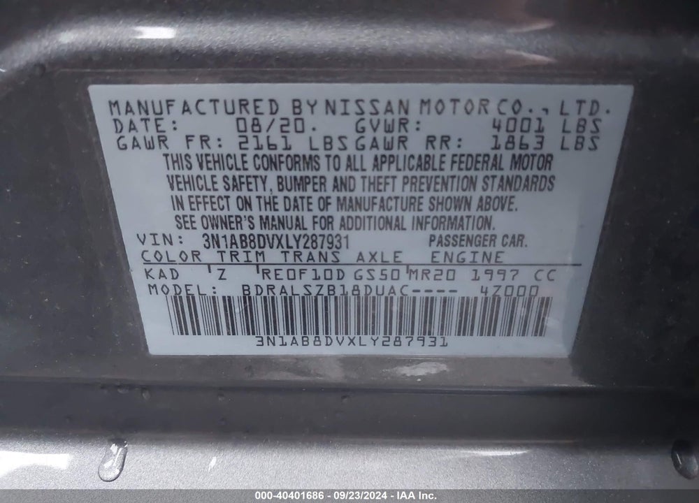 2020 NISSAN SENTRA SR XTRONIC CVT VIN: 3N1AB8DVXLY287931