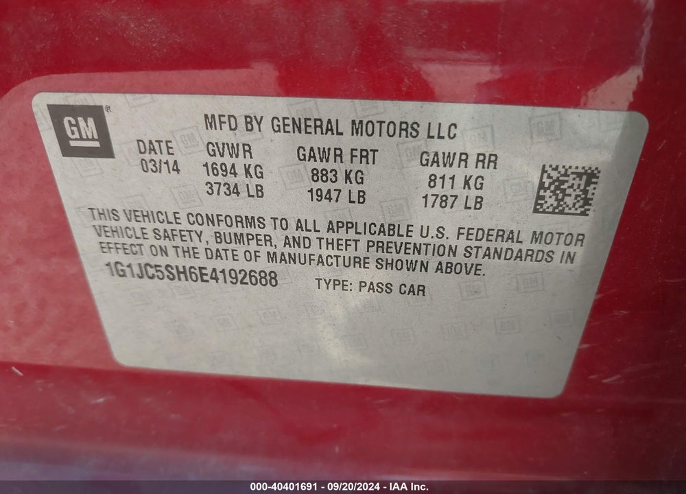 2014 CHEVROLET SONIC LT AUTO VIN: 1G1JC5SH6E4192688