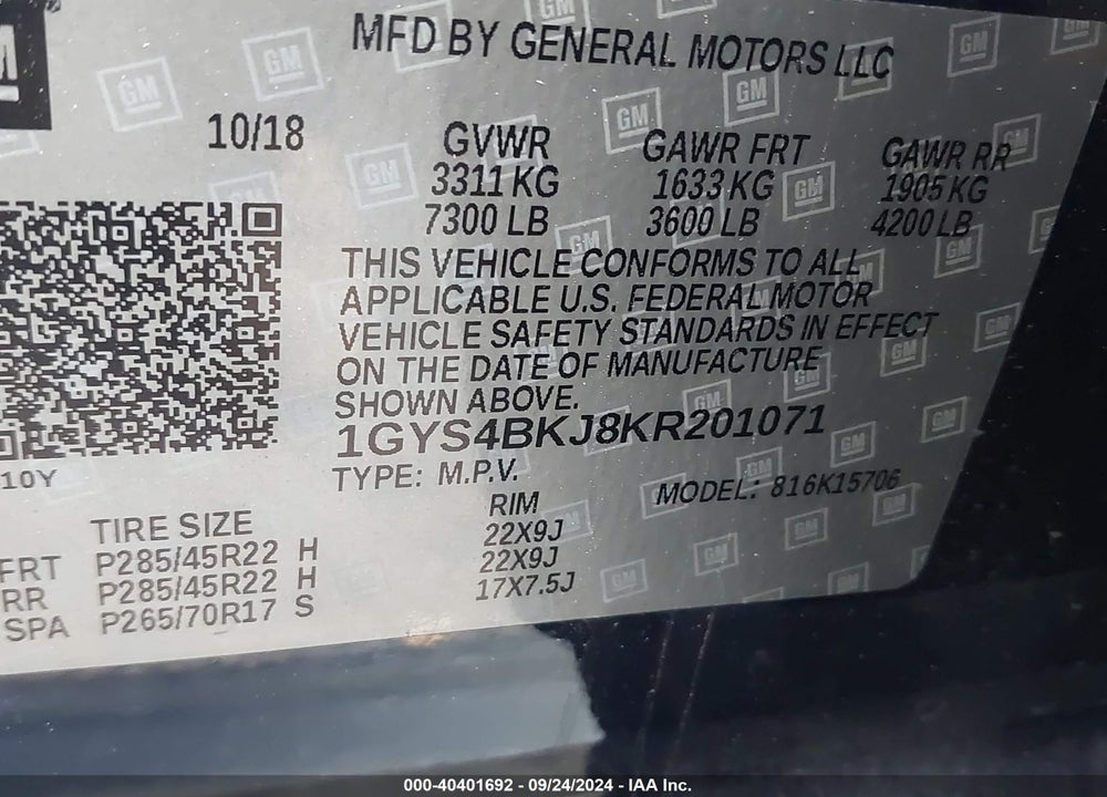 2019 CADILLAC ESCALADE LUXURY VIN: 1GYS4BKJ8KR201071