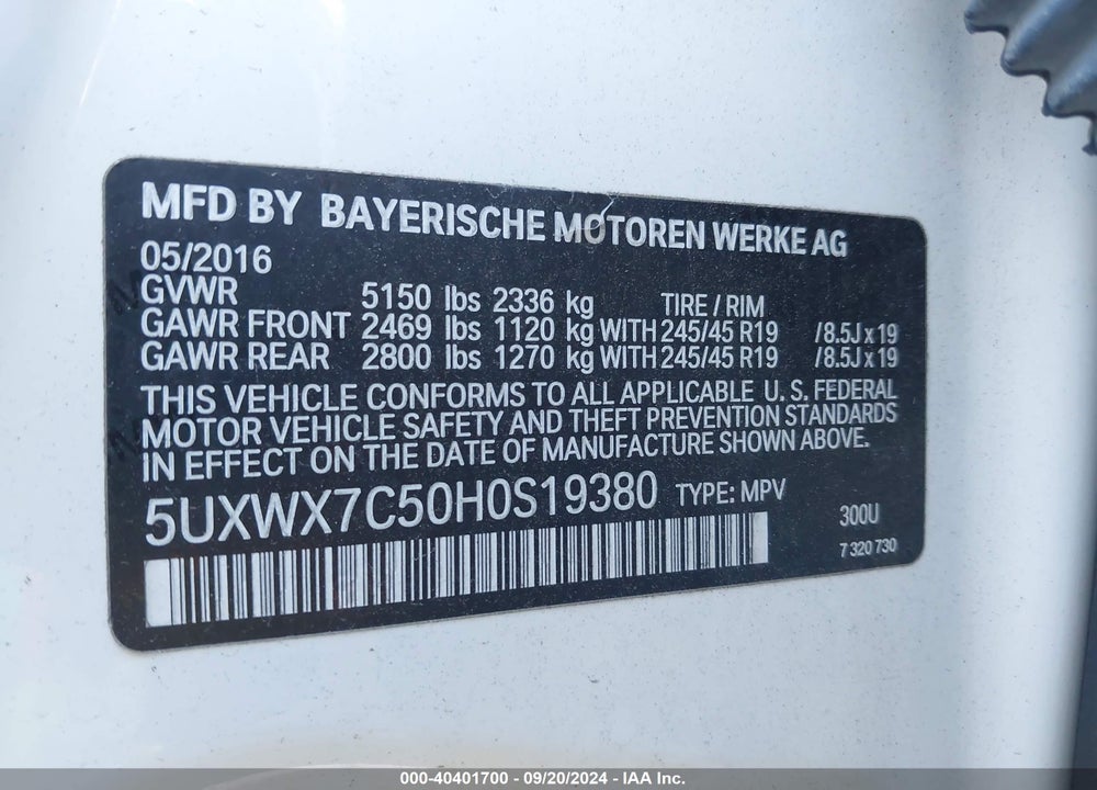 2017 BMW X3 XDRIVE35I VIN: 5UXWX7C50H0S19380
