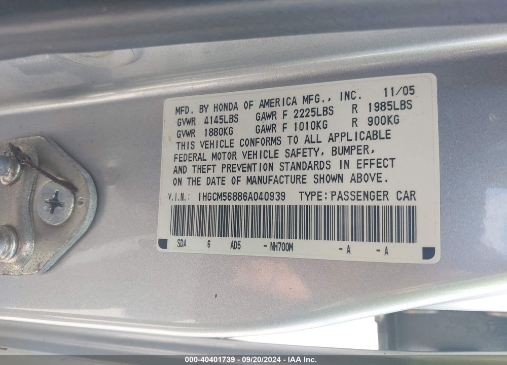 2006 HONDA ACCORD 2.4 EX VIN: 1HGCM56886A040939