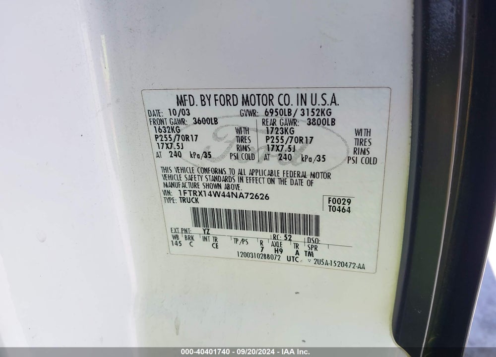 2004 FORD F-150 STX/XL/XLT VIN: 1FTRX14W44NA72626