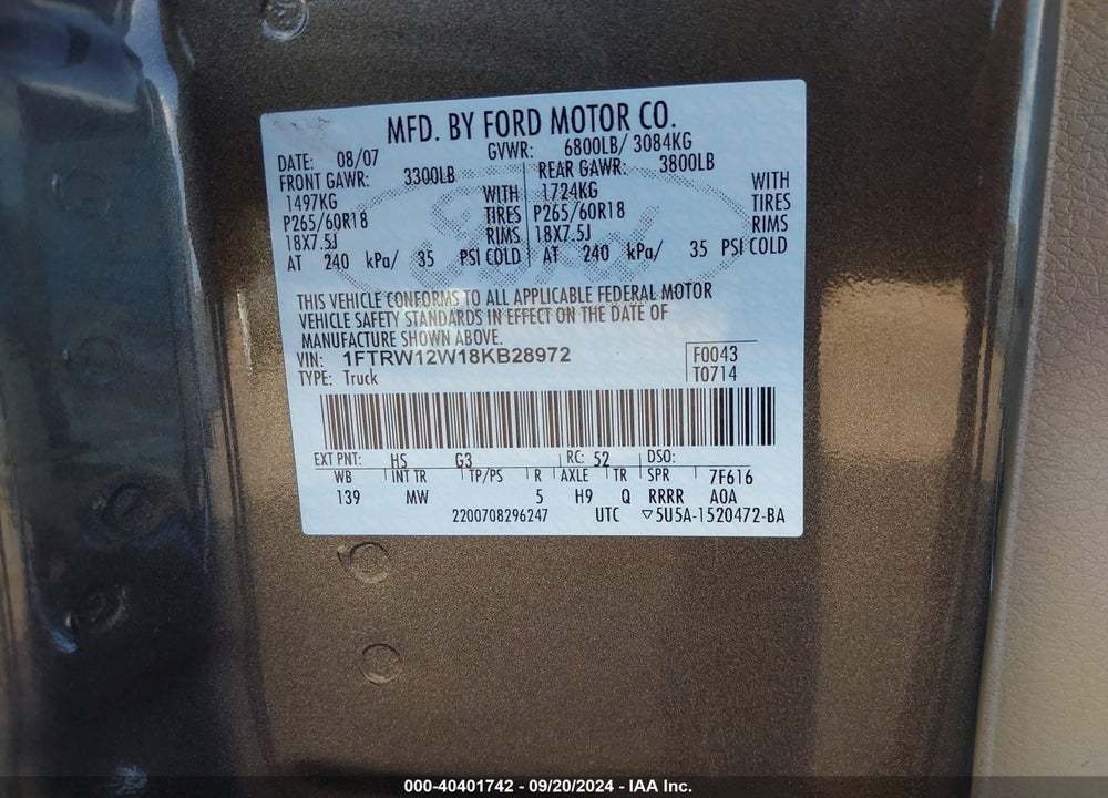 2008 FORD F-150 60TH ANNIVERSARY/FX2/XL/XLT VIN: 1FTRW12W18KB28972