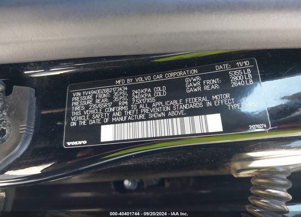 2011 VOLVO XC60 3.2 VIN: YV4940DZ6B2173434