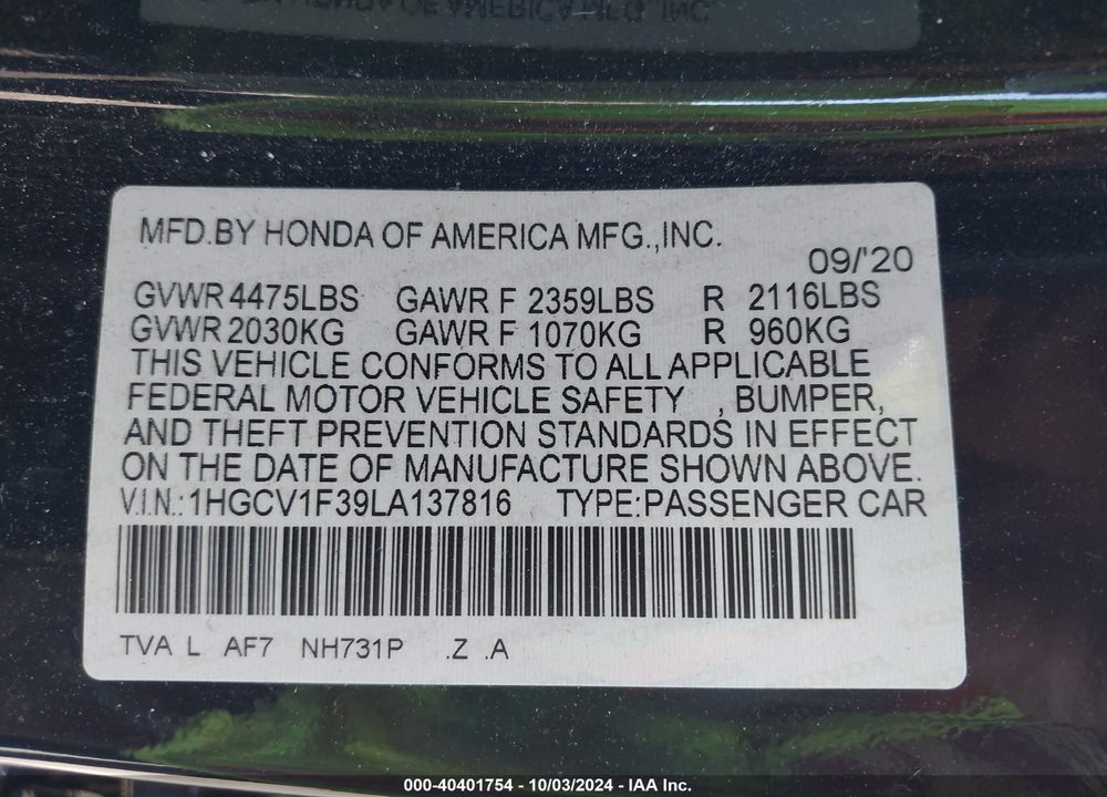 2020 HONDA ACCORD SPORT VIN: 1HGCV1F39LA137816