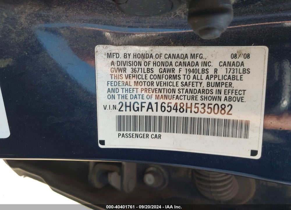 2008 HONDA CIVIC LX VIN: 2HGFA16548H535082