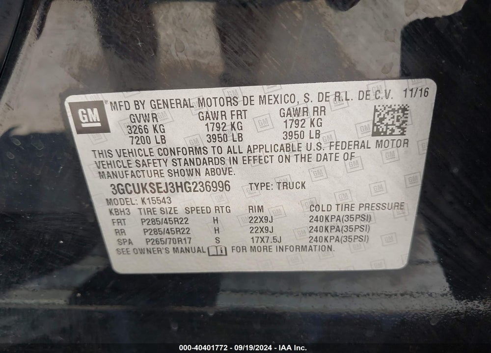 2017 CHEVROLET SILVERADO 1500 2LZ VIN: 3GCUKSEJ3HG236996