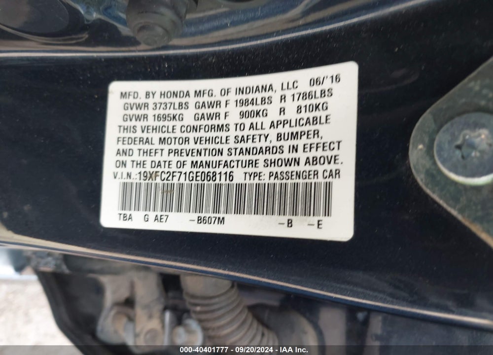 2016 HONDA CIVIC EX VIN: 19XFC2F71GE068116
